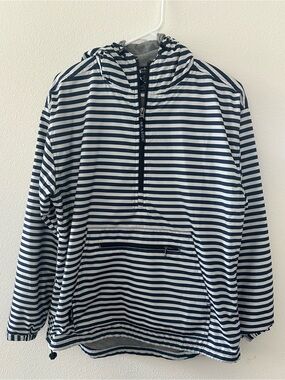 Charles River Apparel Navy and White Striped Hooded Pullover lined windbreaker